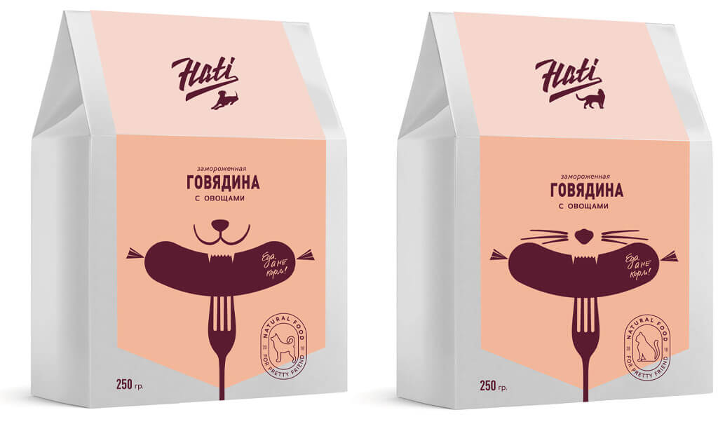Дизайн упаковки бренда премиальных кормов для домашних животных Hati Food. Разработка логотипа и брендинг.