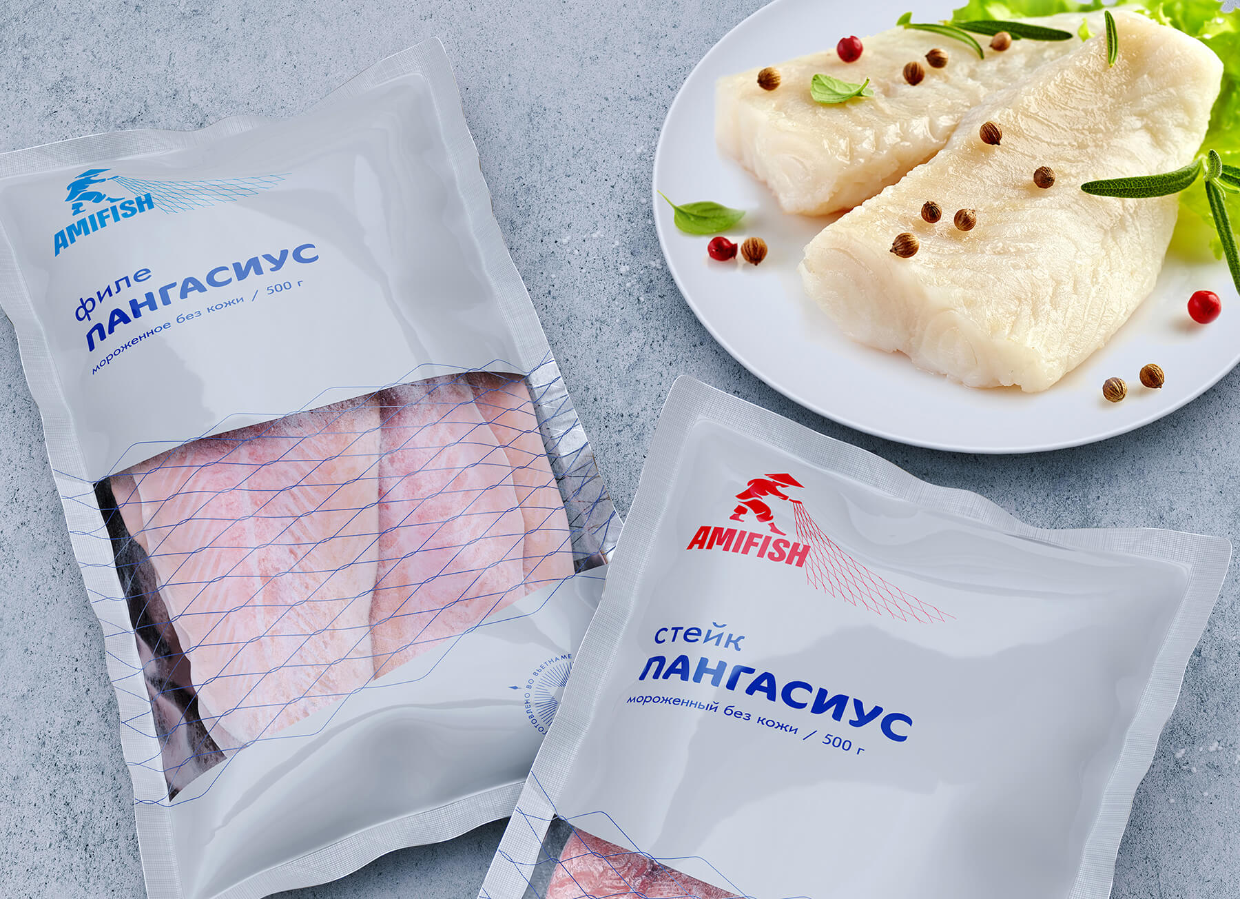 Дизайн упаковки бренда рыбной и морской продукции.
